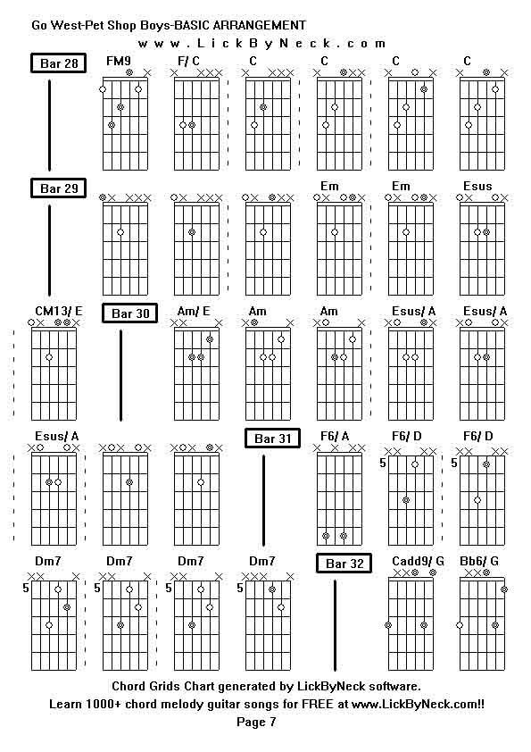 Chord Grids Chart of chord melody fingerstyle guitar song-Go West-Pet Shop Boys-BASIC ARRANGEMENT,generated by LickByNeck software.